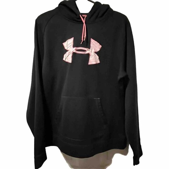 Under Armour Hoodie‎ Semi-Fitted Sweatshirt Womens Size XL Black Pink Camo Logo - Picture 1 of 6